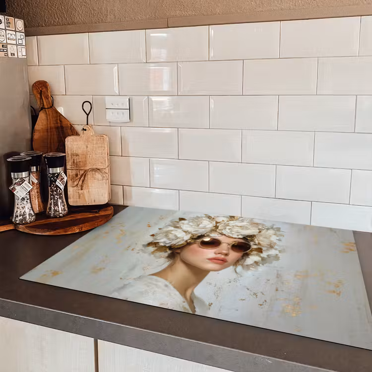 Schilderij - Vrouw - Zonnebril - Bloemenkrans Inductie beschermer vinyl 3mm klein -sfeer3