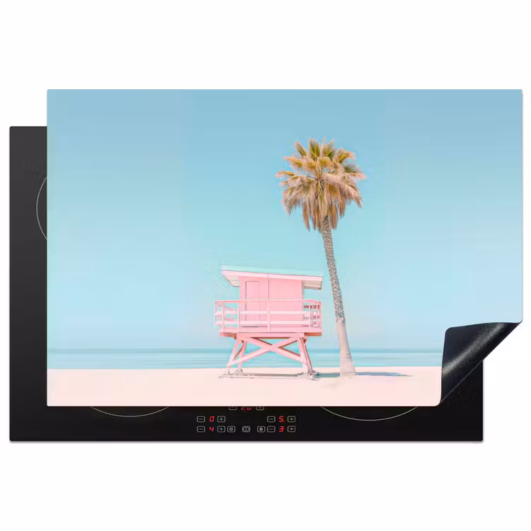 Palmboom - Strandhuis - Roze Inductie beschermer vinyl 3mm klein -3d