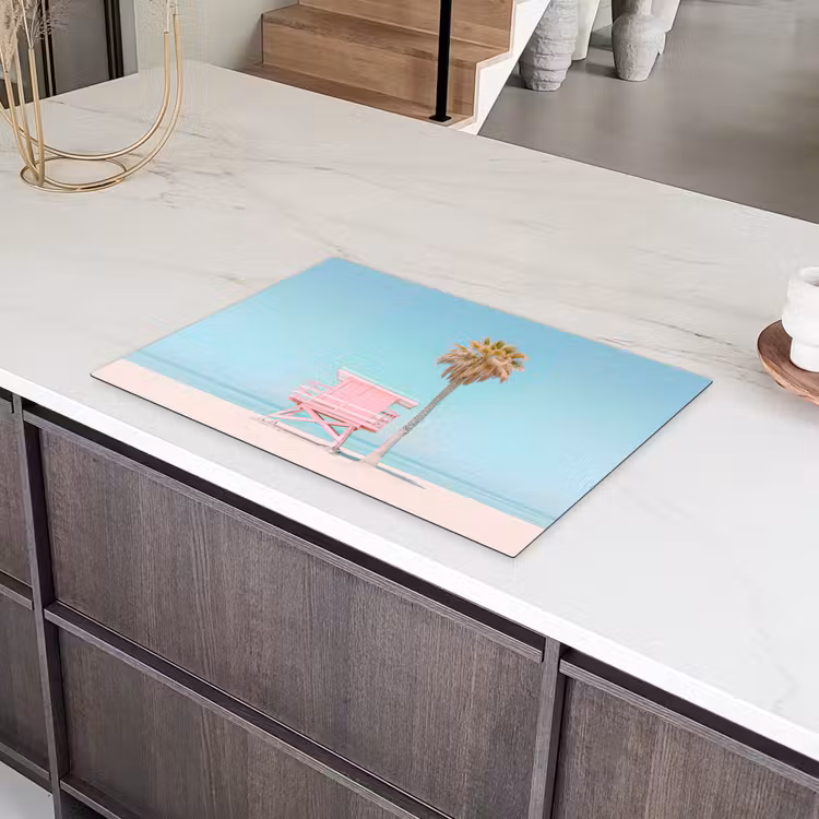 Palmboom - Strandhuis - Roze Inductie beschermer vinyl 3mm klein -sfeer8