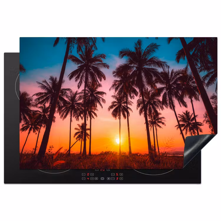Palmboom - Zonsondergang - Horizon - Strand - Oranje - Roze Inductie beschermer vinyl 3mm klein -3d