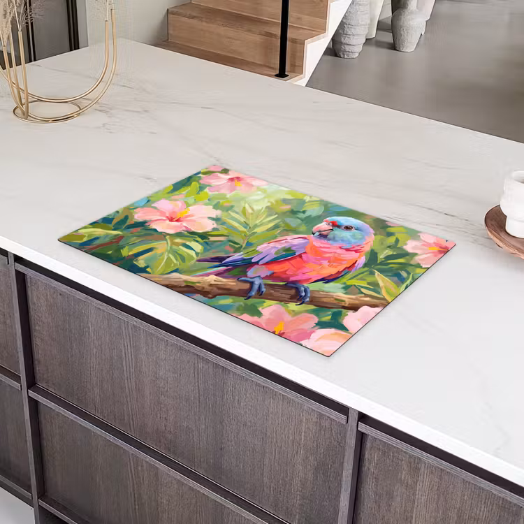 Papagaai - Hibiscusbloemen - Kleurrijk Inductie beschermer vinyl 3mm klein -sfeer8