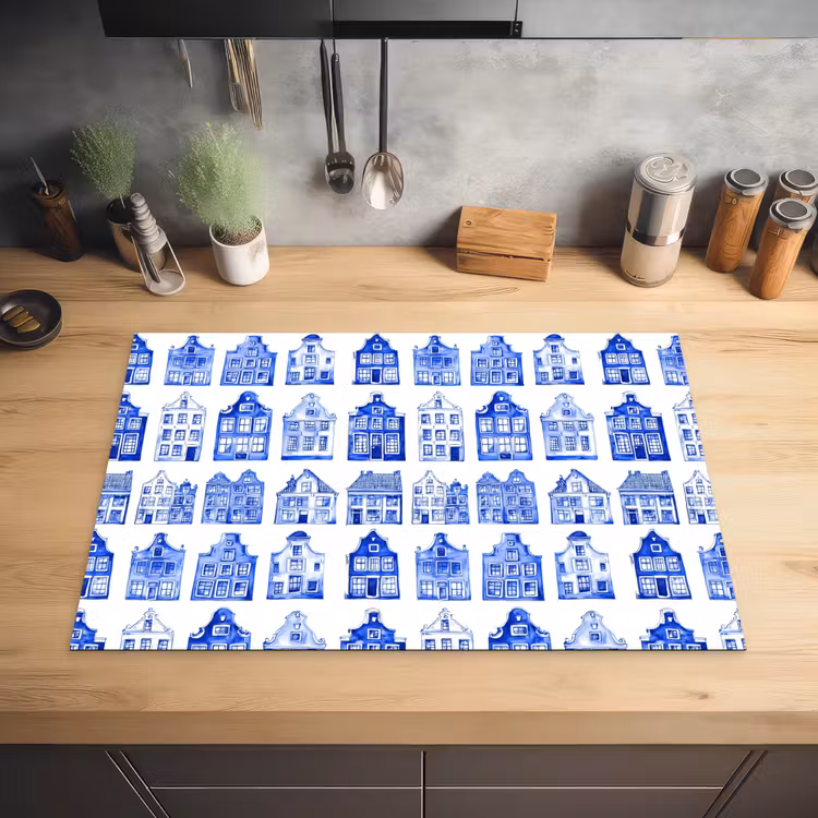 Patroon - Huizen - Blauw Inductie beschermer vinyl 3mm klein 276 -sfeer5