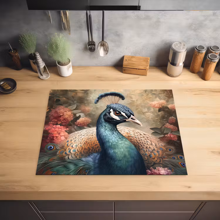 Pauw - Vogel - Bloemen - Planten - Pauwenveren Inductie beschermer vinyl 3mm groot -sfeer5