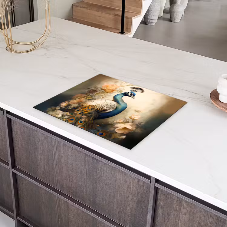Pauw - Pauwenveren - Bloemen - Vogels - Botanisch Inductie beschermer vinyl 3mm groot -sfeer8