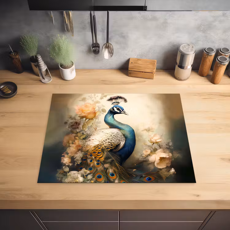 Pauw - Pauwenveren - Bloemen - Vogels - Botanisch Inductie beschermer vinyl 3mm groot -sfeer5