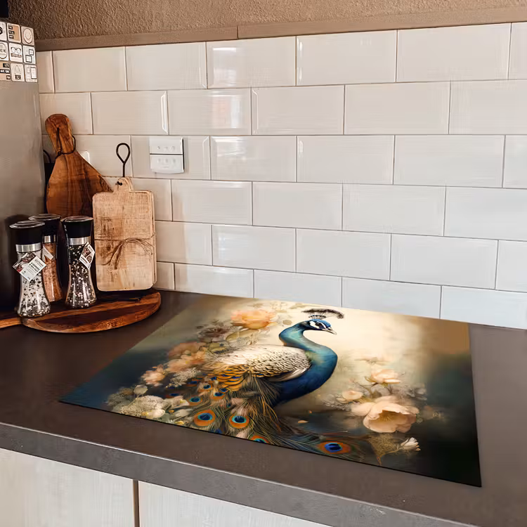 Pauw - Pauwenveren - Bloemen - Vogels - Botanisch Inductie beschermer vinyl 3mm groot -sfeer3