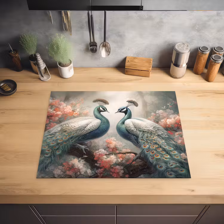 Pauwen - Pauwenveren - Vogels - Bloemen - Natuur Inductie beschermer vinyl 3mm groot -sfeer5