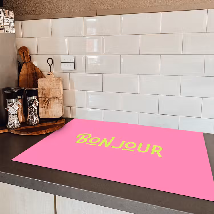 Roze - Groene Bonjour - art-deco Inductie beschermer vinyl 3mm klein -sfeer3