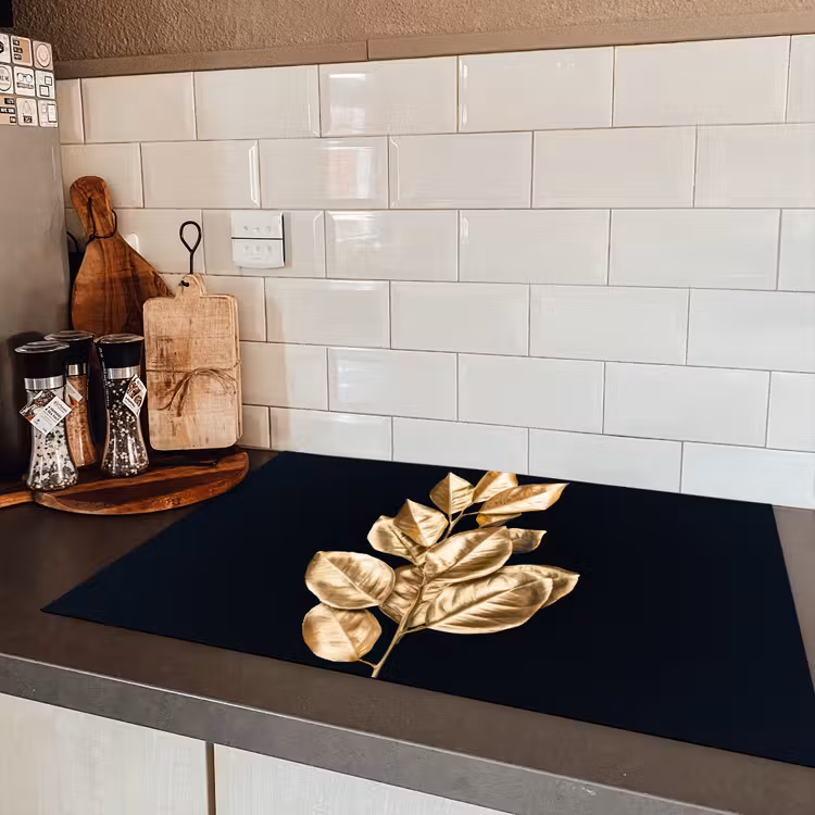Plant - Bladeren - Goud - Zwart - Luxe Inductie beschermer vinyl 3mm klein -sfeer3