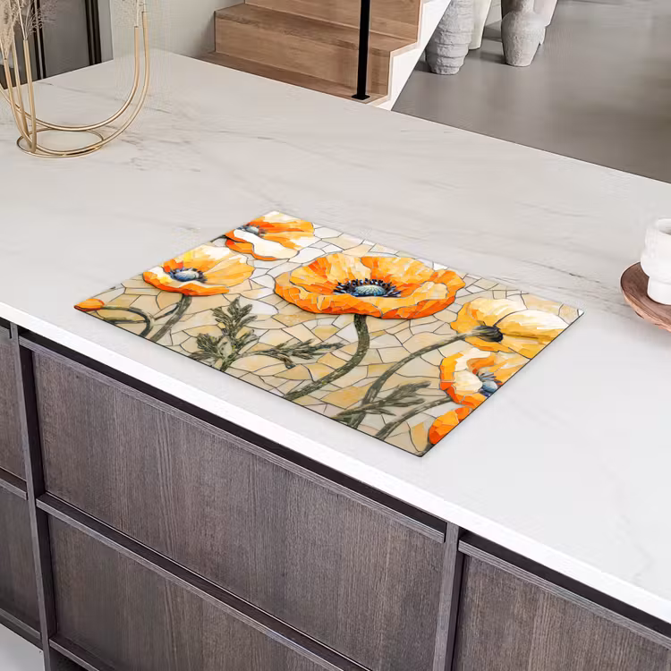 Klaprozen - Oranje - Mozaïek - Bladeren Inductie beschermer vinyl 3mm klein -sfeer8