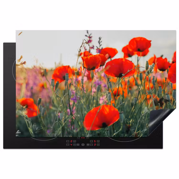 Klaproos - Bloemen - Rood - Paars - Weide Inductie beschermer vinyl 3mm klein -3d
