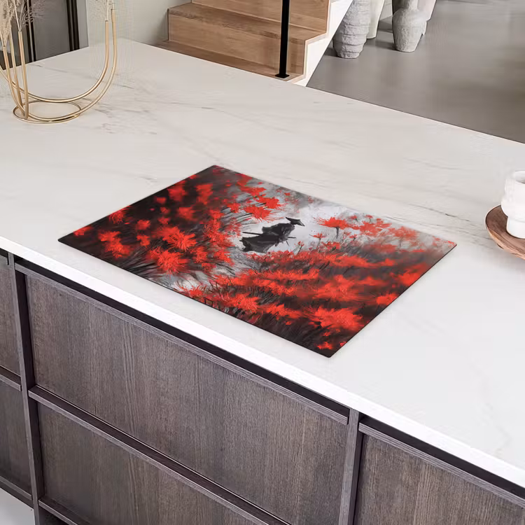 Rode bloemen - mistig - Man Inductie beschermer vinyl 3mm klein -sfeer8