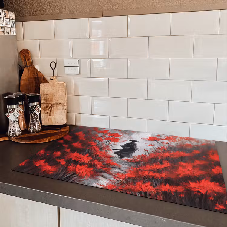Rode bloemen - mistig - Man Inductie beschermer vinyl 3mm klein -sfeer3