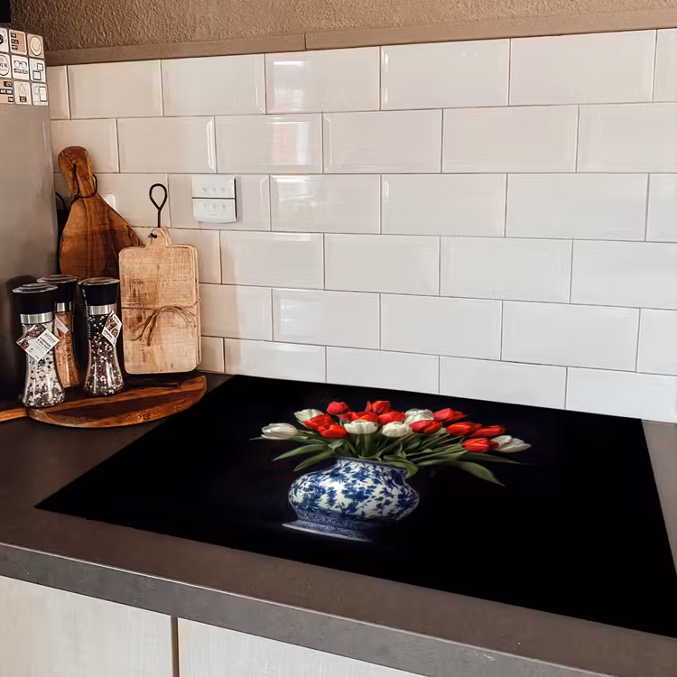 Rode - Bloemen - Tulpen - Vaas Inductie beschermer vinyl 3mm klein -sfeer3