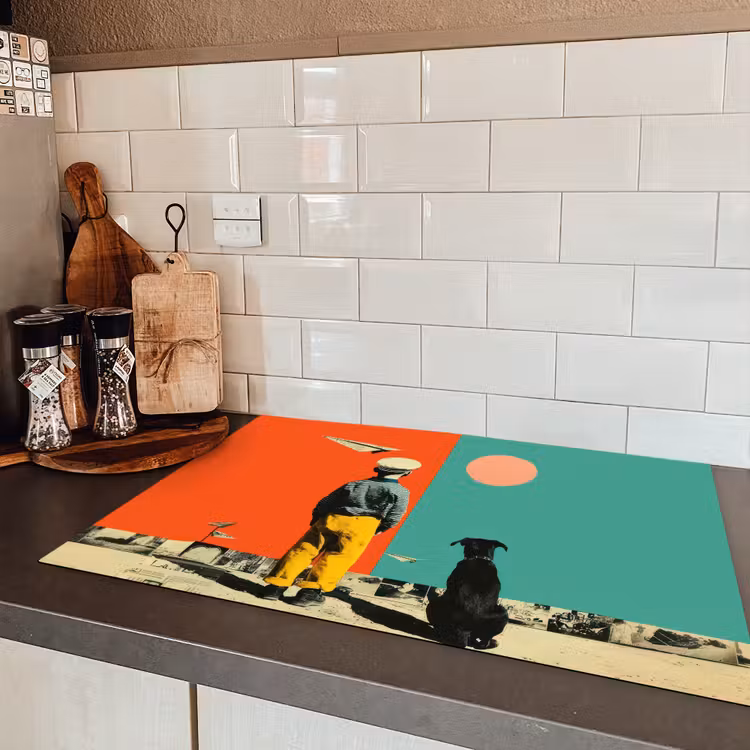 Retro - Jongen - Hond - Rood - Groen Inductie beschermer vinyl 3mm klein -sfeer3