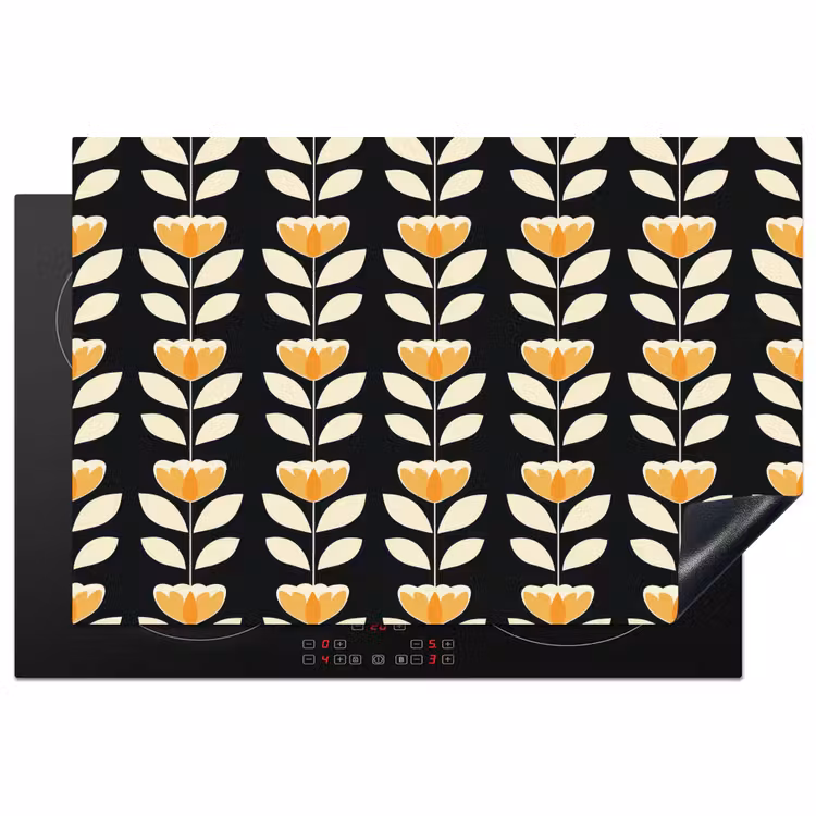 Retro - Bloem - Zwart - Okergeel Inductie beschermer vinyl 3mm klein 276 -3d