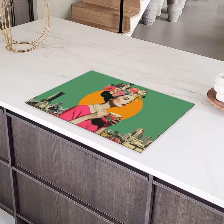Retro - Vrouw - Stad - Zon Inductie beschermer vinyl 3mm klein -sfeer8
