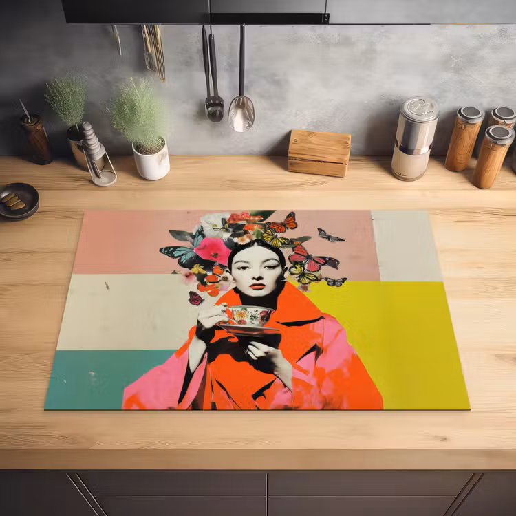 Retro - Vrouw - Kopje - Vlinders Inductie beschermer vinyl 3mm klein -sfeer5