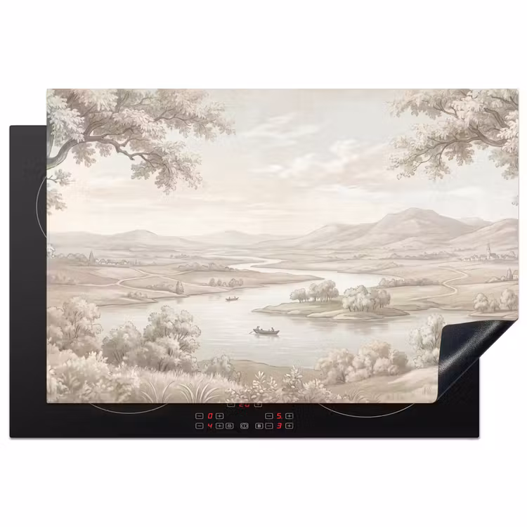 Rivierlandschap - Bergen - Natuur - Vintage - Beige Inductie beschermer vinyl 3mm klein -3d