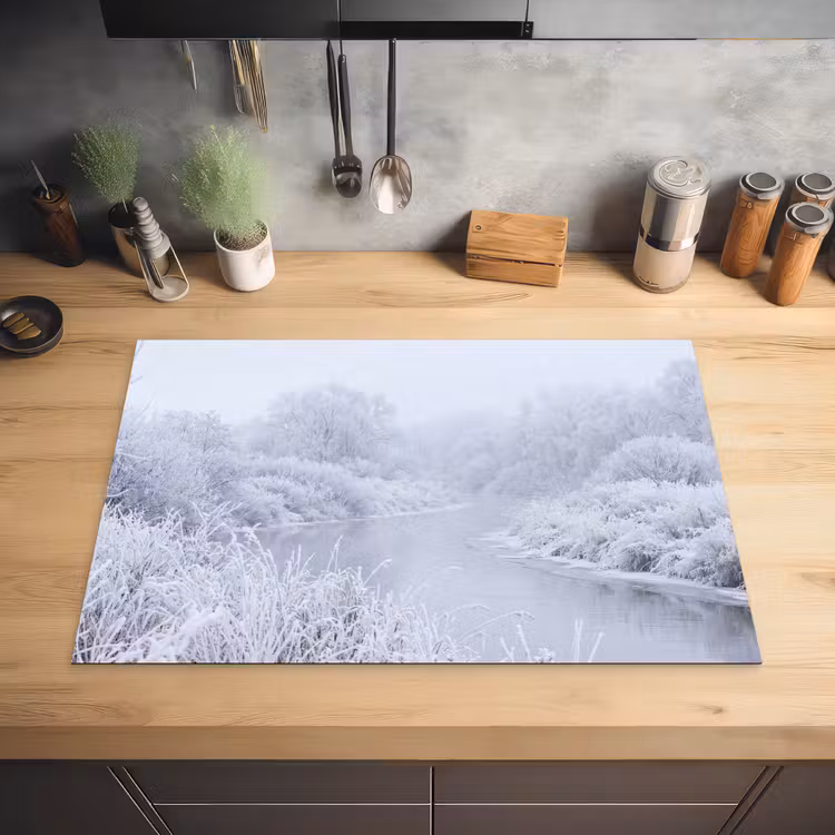 Rivier - Sneeuw - Bos - Winter - Schilderachtig Inductie beschermer vinyl 3mm klein -sfeer5