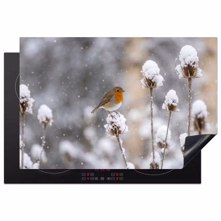 Roodborstje - Gedroogde bloem - Sneeuw - Winter - Vertederend Inductie beschermer vinyl 3mm klein -3d