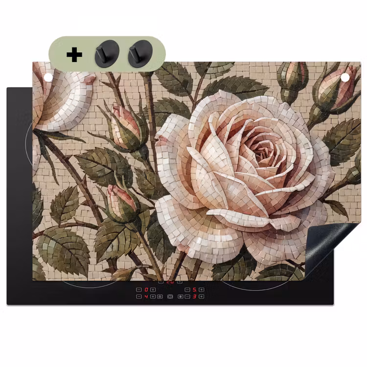 Roos - Mozaïek - Bloemen - Klassiek - Beige Inductie beschemer met haakjes klein -3d