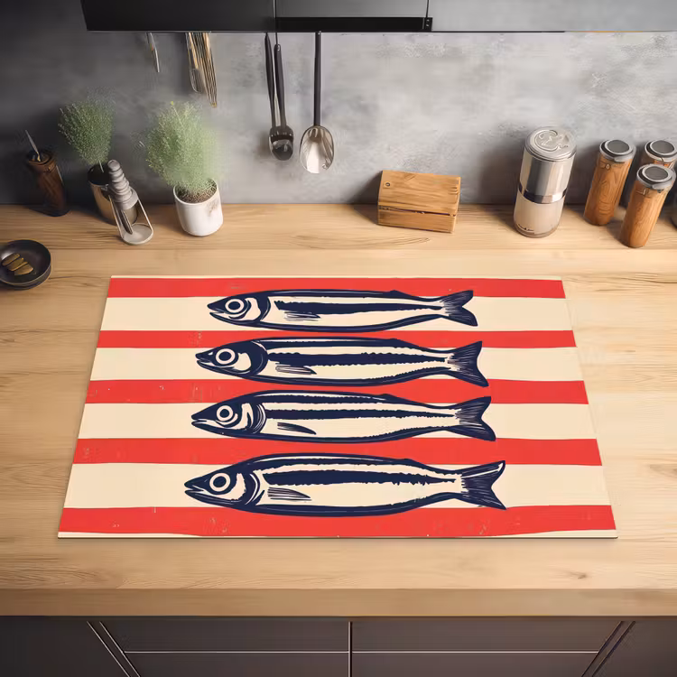 Sardines - Rood en beige strepen Inductie beschermer vinyl 3mm klein -sfeer5