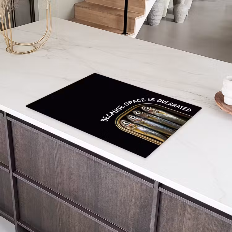 Sardines - Tekst - Vis - Blik Inductie beschermer vinyl 3mm klein -sfeer8