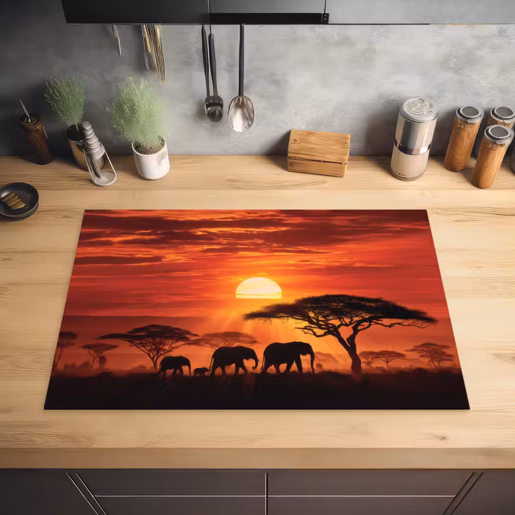 Savanne - Olifanten - Zonsondergang Inductie beschermer vinyl 3mm klein -sfeer5