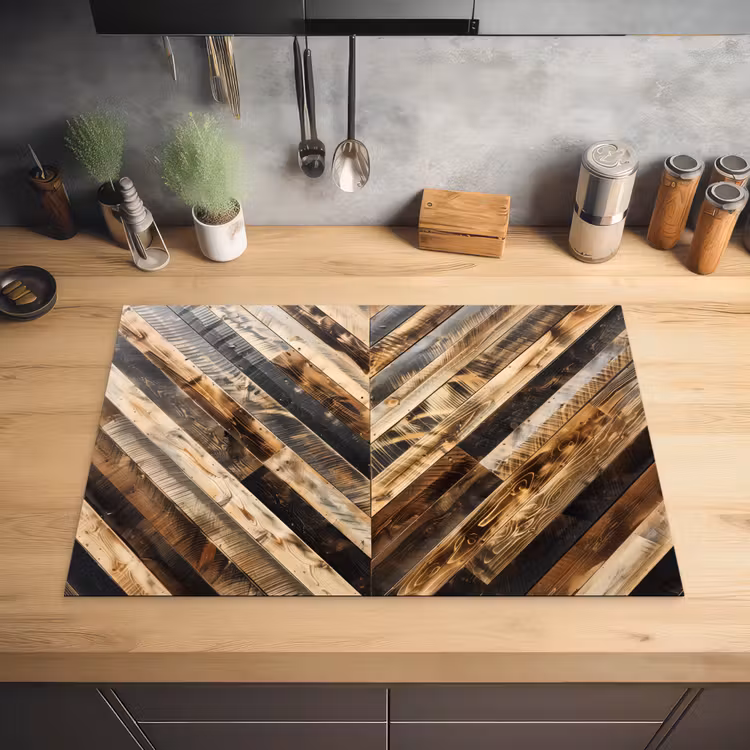 Geschroeid Hout in Visgraat Inductie beschermer vinyl 3mm klein -sfeer5