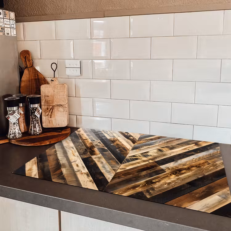 Geschroeid Hout in Visgraat Inductie beschermer vinyl 3mm klein -sfeer3