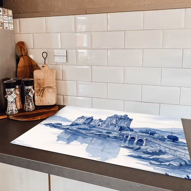 Schots - Kasteel - Blauw - Aquarel Inductie beschermer vinyl 3mm klein -sfeer3