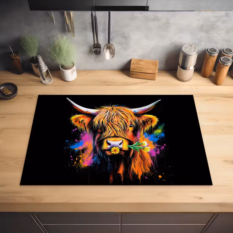 Schotse Hooglander - Graffiti - Kleurrijk - Bloem - Dieren Inductie beschermer vinyl 3mm klein -sfeer5