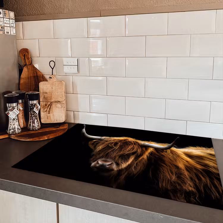 Schotse Hooglander - Horens - Zwart - Dieren - Natuur - Wild - Koe Inductie beschermer vinyl 3mm klein -sfeer3