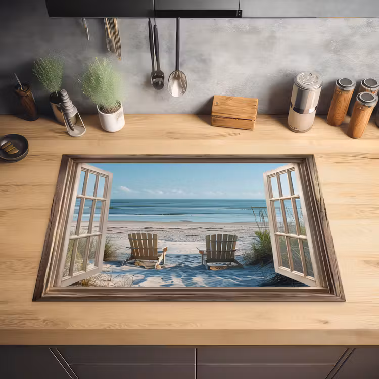 Doorkijk - Strandstoelen - Duinen - Zee - Natuur Inductie beschermer vinyl 3mm klein -sfeer5