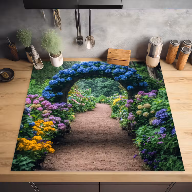 Doorkijk - Bloemen - Hortensia - Pad Inductie beschermer vinyl 3mm middel -sfeer5