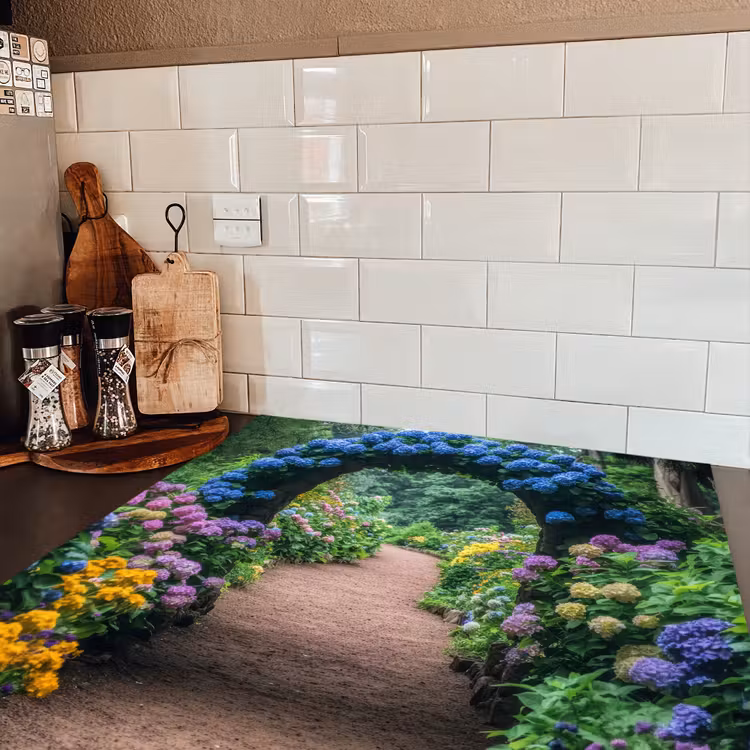 Doorkijk - Bloemen - Hortensia - Pad Inductie beschermer vinyl 3mm middel -sfeer3