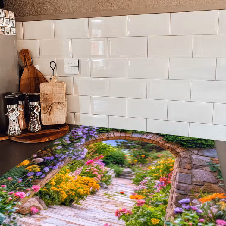 Doorkijk - Bloemen - Pad - Natuur Inductie beschermer vinyl 3mm middel -sfeer3