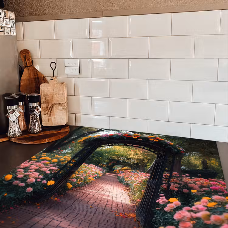 Doorkijk - Bloemen - Pad - Natuur - Kleurrijk Inductie beschermer vinyl 3mm middel -sfeer3