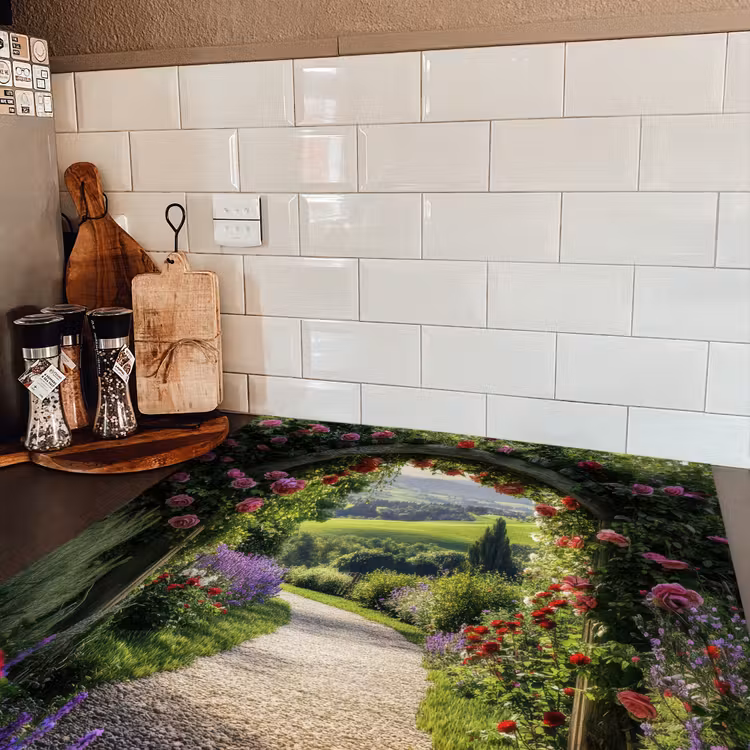 Doorkijk - Tuinboog - Bloemen - Natuur - Pad Inductie beschermer vinyl 3mm middel -sfeer3