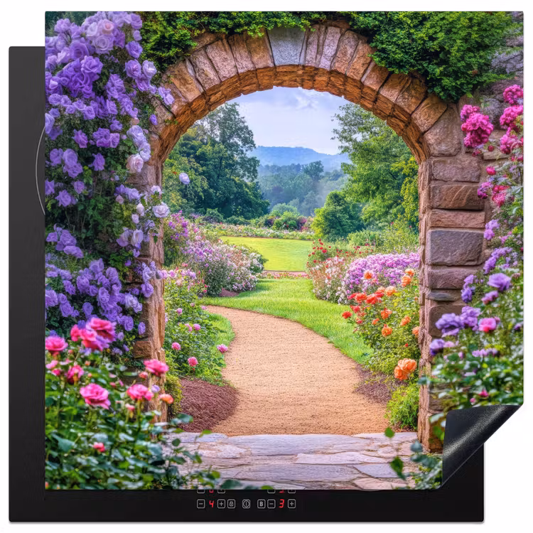 Doorkijk - Poort - Bloemen - Tuin Inductie beschermer vinyl 3mm middel -3d