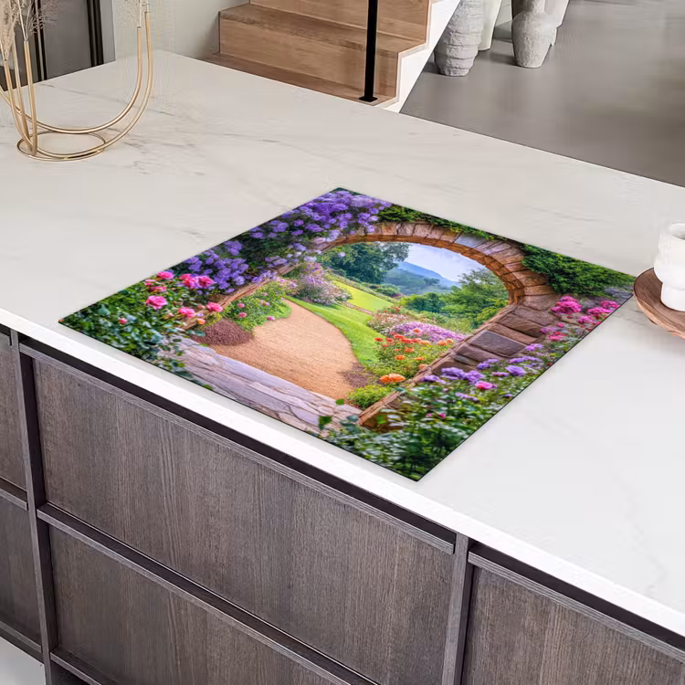 Doorkijk - Poort - Bloemen - Tuin Inductie beschermer vinyl 3mm middel -sfeer8