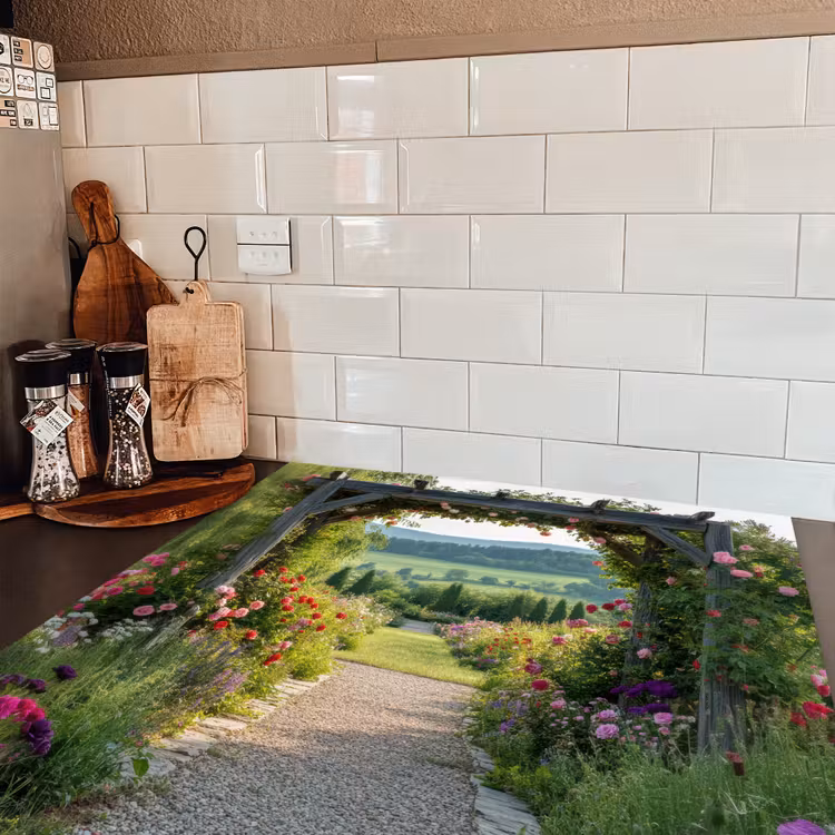 Doorkijk - Landschap - Natuur - Tuinboog - Bloemen Inductie beschermer vinyl 3mm middel -sfeer3