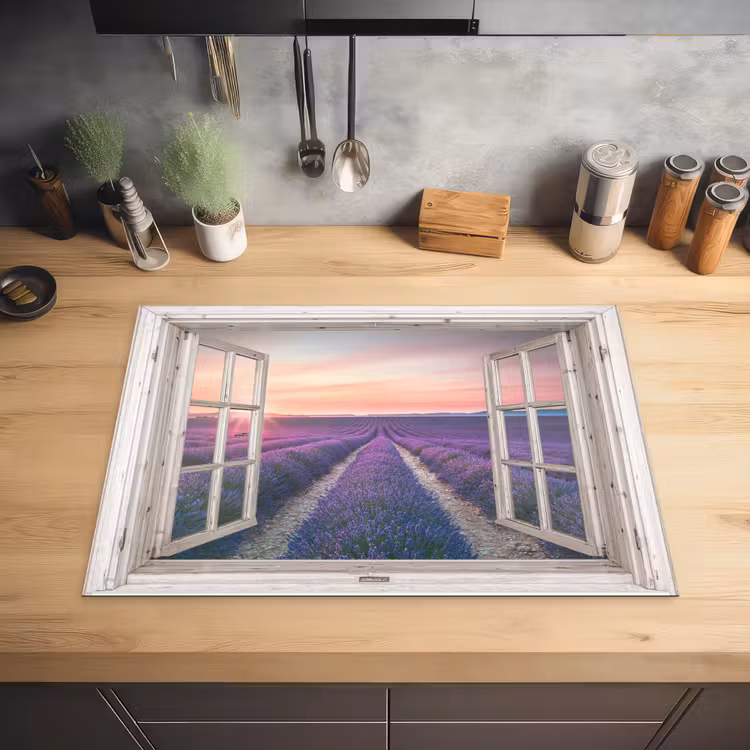 Doorkijk - Lavendel - Bloemen - Hout - Zonsondergang - Paars Inductie beschermer vinyl 3mm middel -sfeer5