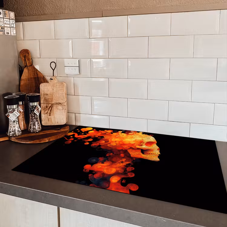 Schedel - Oranje - Zijaanzicht - Vlammen Inductie beschermer vinyl 3mm klein -sfeer3
