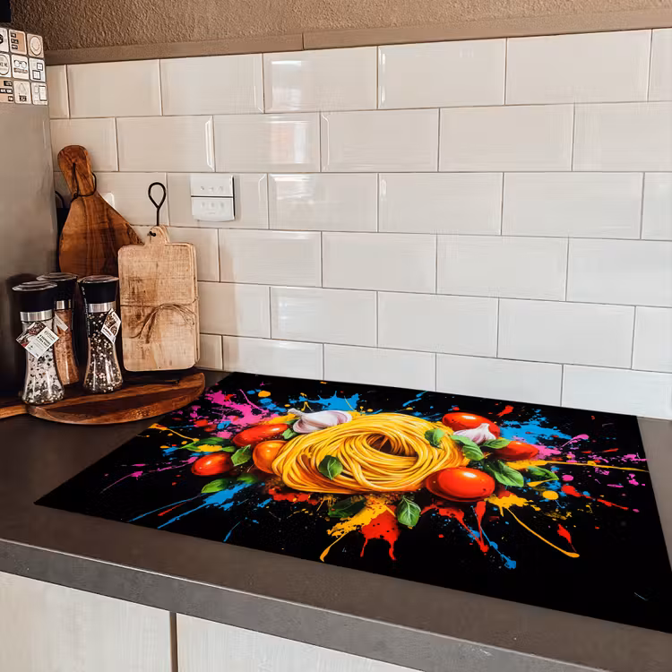Spaghetti - Graffiti - Verf - Kleurrijk - Eten - Modern Inductie beschermer vinyl 3mm klein -sfeer3