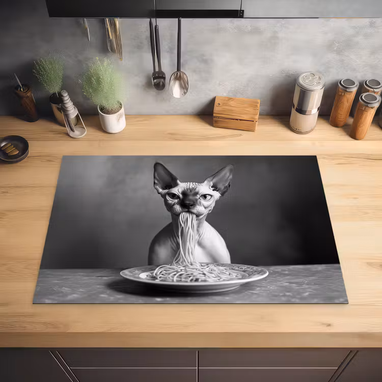 Sphynx - Kat - Dieren - Humor - Spaghetti - Zwart Wit Inductie beschermer vinyl 3mm klein -sfeer5