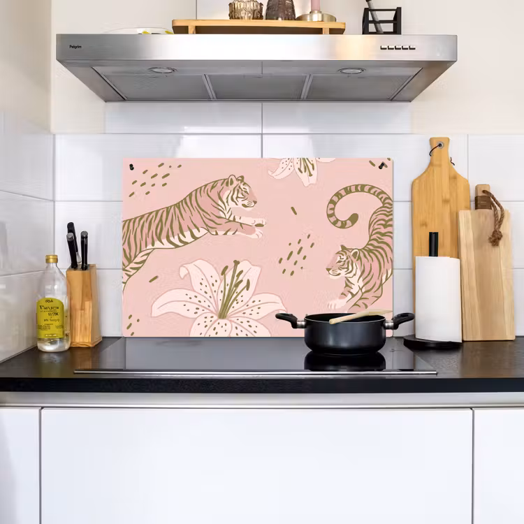 Kat - Springend - Bloemen - Abstract - Roze Inductie beschemer met haakjes klein -sfeer2