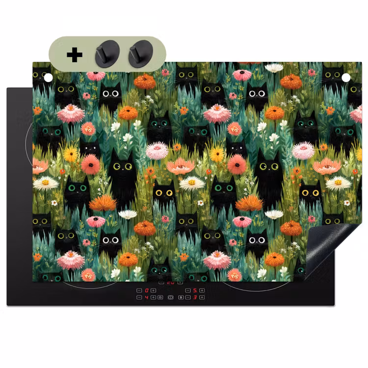 Katten - Bloemen - Kleurrijk Inductie beschemer met haakjes klein 777 -3d