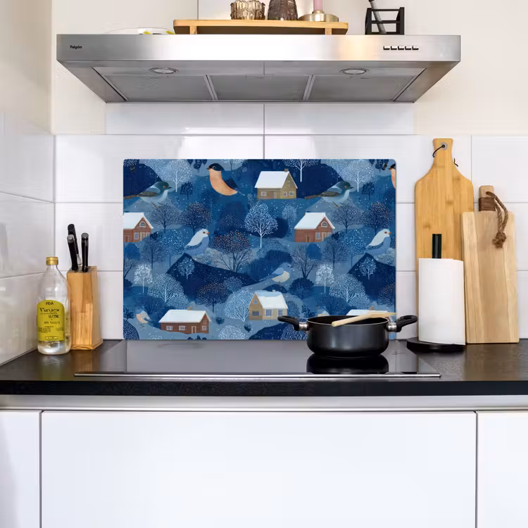 Huisjes - Vogels - Sneeuw - Winter - Blauw Inductie beschemer met haakjes klein 777 -sfeer2